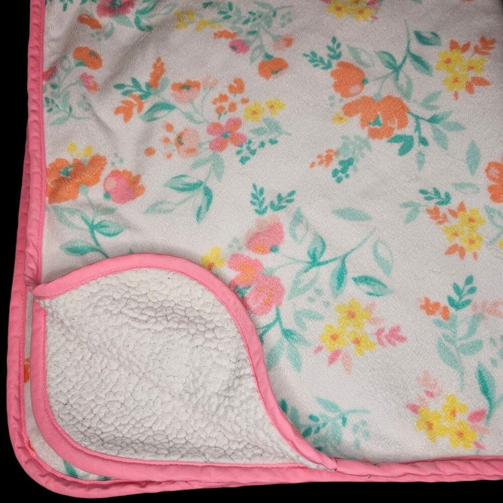 Carters Girls‎ Floral Baby Blanket White Pink Sherpa Back 30 X 39